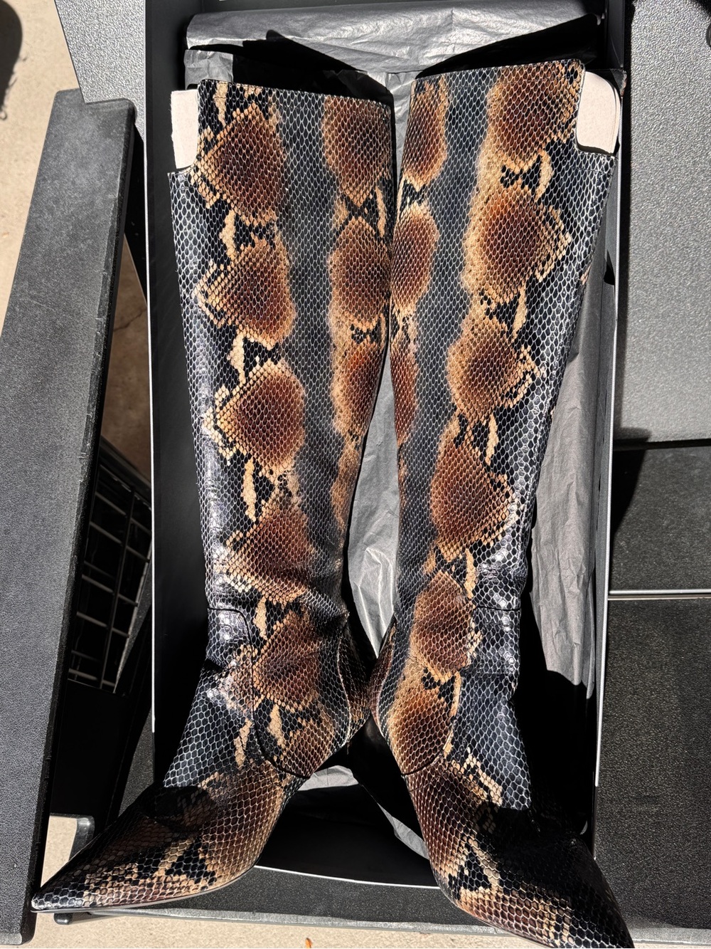 Aquatalia Maci Brown & Black Snakeskin Knee Boots Women EUC Size 10.5